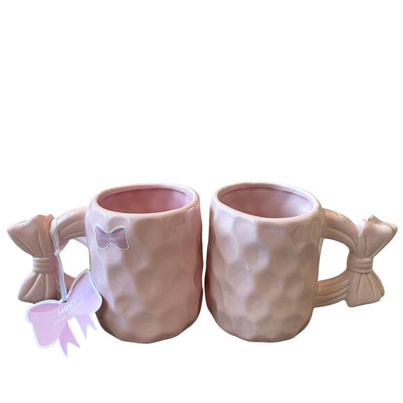 Market Finds Hand Painted Pink Bow Handle Ceramic Coffee Tea Mug Set of 2 NEW - Picture 1 of 13